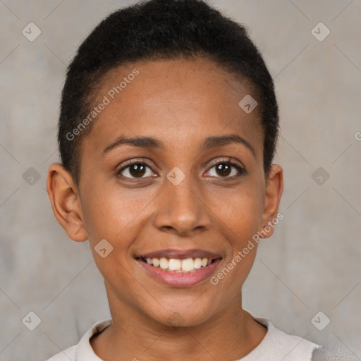 Joyful black young-adult female with short  brown hair and brown eyes