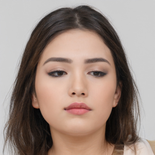 Neutral asian young-adult female with long  brown hair and brown eyes