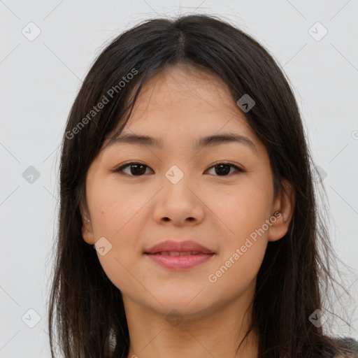 Joyful asian young-adult female with long  brown hair and brown eyes