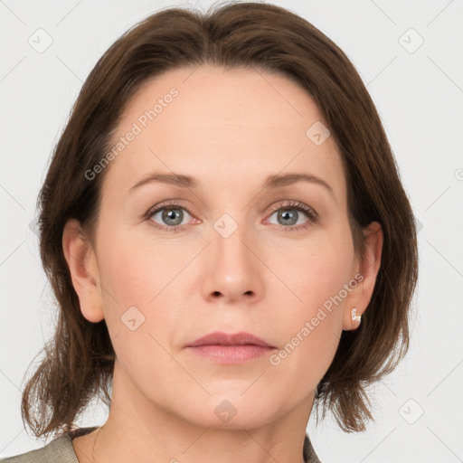 Neutral white adult female with medium  brown hair and grey eyes