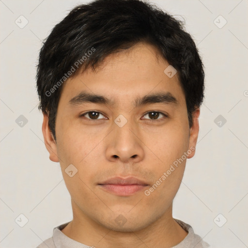 Neutral asian young-adult male with short  black hair and brown eyes