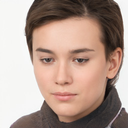 Neutral white young-adult female with short  brown hair and brown eyes