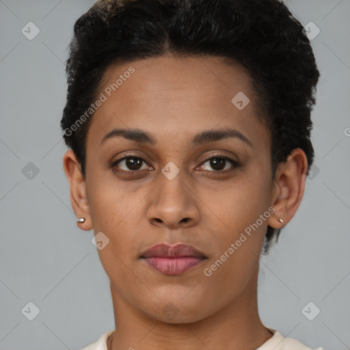 Joyful latino young-adult female with short  brown hair and brown eyes