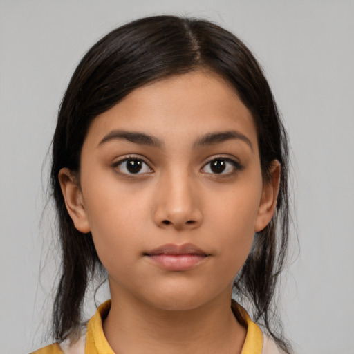 Neutral latino young-adult female with medium  brown hair and brown eyes