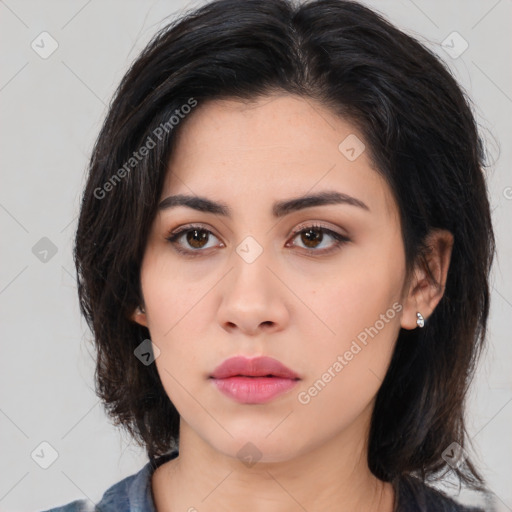 Neutral asian young-adult female with medium  brown hair and brown eyes