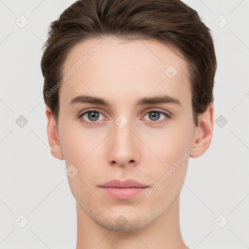 Neutral white young-adult male with short  brown hair and brown eyes