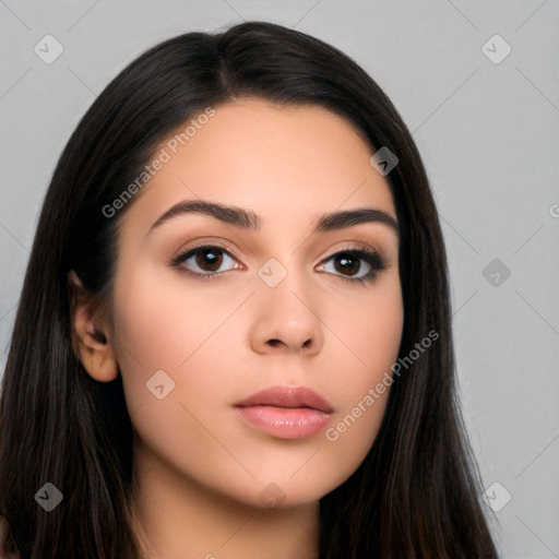 Neutral white young-adult female with long  brown hair and brown eyes