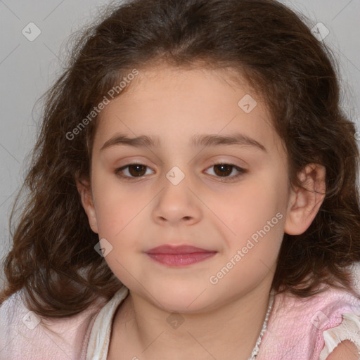 Joyful white child female with medium  brown hair and brown eyes