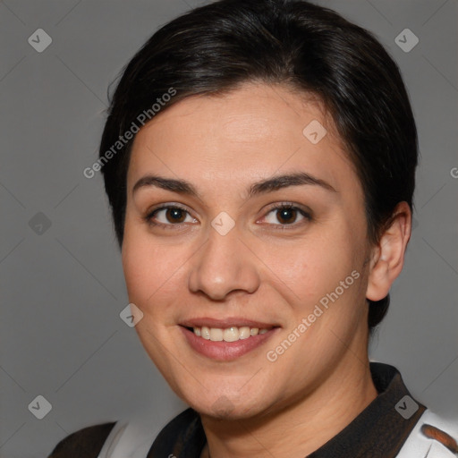 Joyful white young-adult female with medium  brown hair and brown eyes