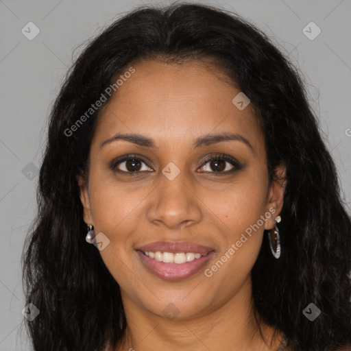 Joyful black young-adult female with long  brown hair and brown eyes