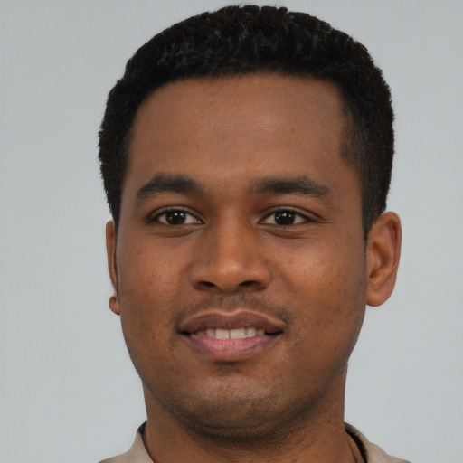 Neutral black young-adult male with short  black hair and brown eyes