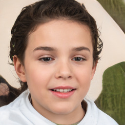 Joyful white child female with short  brown hair and brown eyes