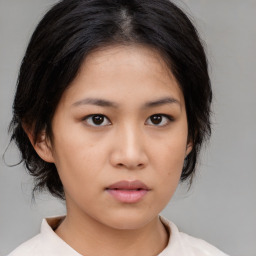 Neutral asian young-adult female with medium  black hair and brown eyes