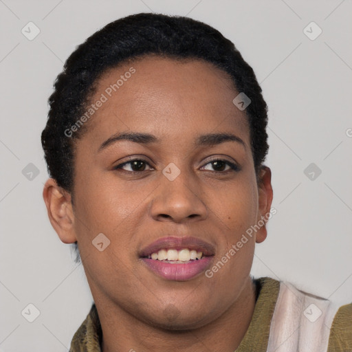 Joyful black young-adult female with short  brown hair and brown eyes