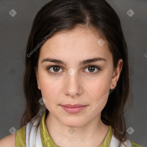 Neutral white young-adult female with medium  brown hair and brown eyes