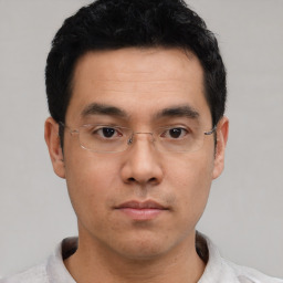 Neutral asian young-adult male with short  black hair and brown eyes