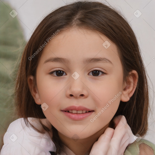 Joyful white child female with medium  brown hair and brown eyes