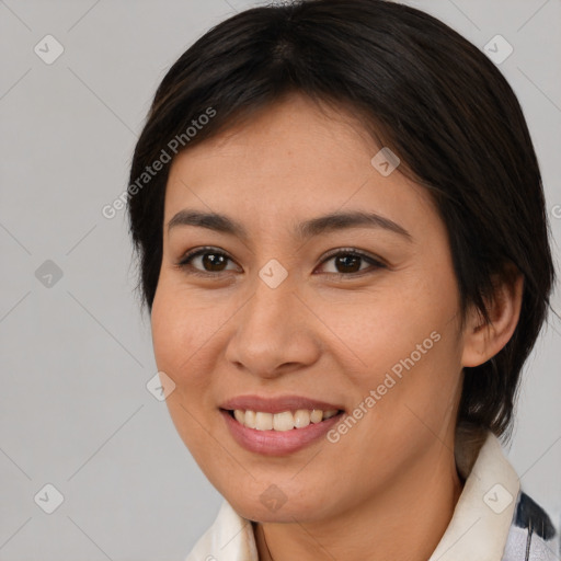 Joyful white young-adult female with medium  brown hair and brown eyes