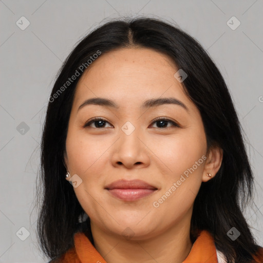 Joyful asian young-adult female with medium  black hair and brown eyes