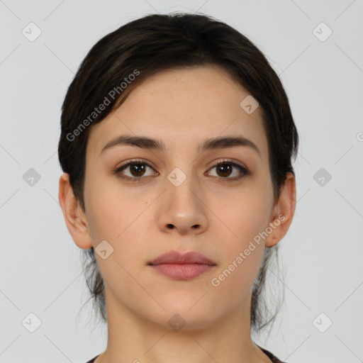 Neutral white young-adult female with short  brown hair and brown eyes