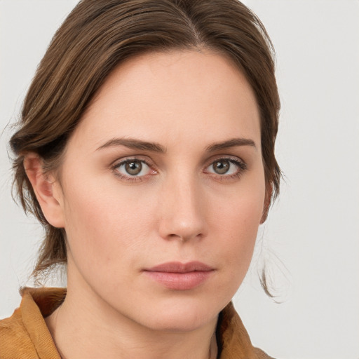 Neutral white young-adult female with medium  brown hair and grey eyes