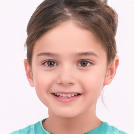 Joyful white child female with short  brown hair and brown eyes