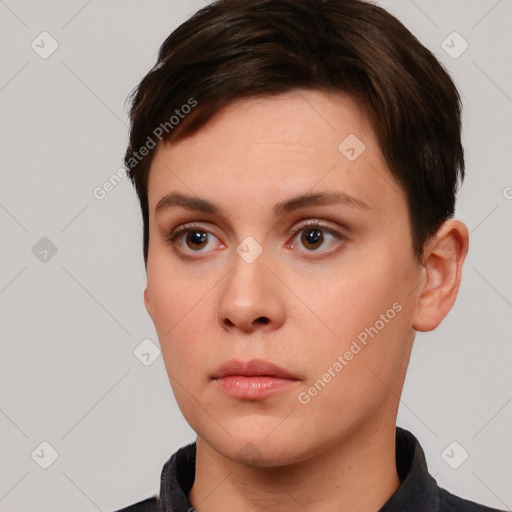 Neutral white young-adult female with short  brown hair and brown eyes