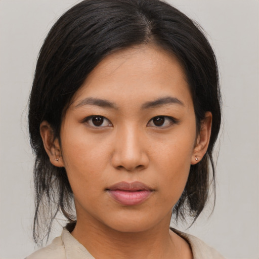 Neutral asian young-adult female with medium  black hair and brown eyes
