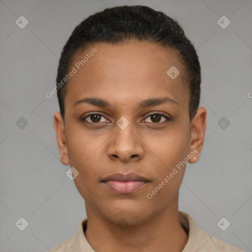 Neutral black young-adult female with short  black hair and brown eyes