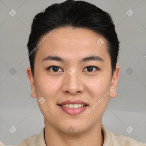 Joyful asian young-adult male with short  brown hair and brown eyes