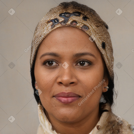 Joyful black young-adult female with medium  brown hair and brown eyes