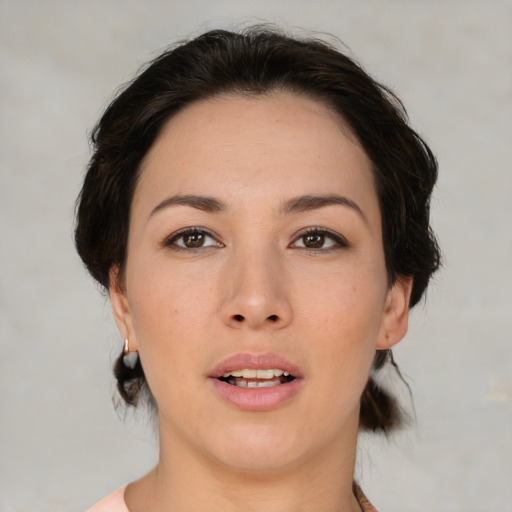 Neutral asian young-adult female with medium  brown hair and brown eyes