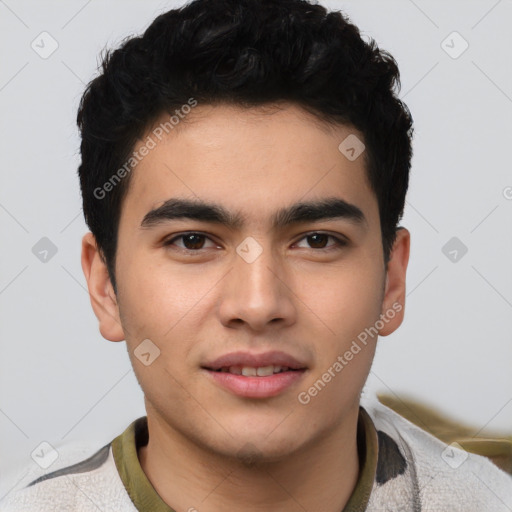 Joyful latino young-adult male with short  brown hair and brown eyes