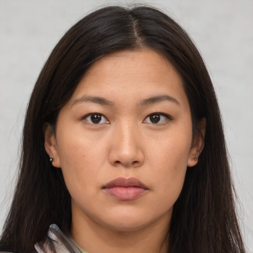 Neutral asian young-adult female with long  brown hair and brown eyes