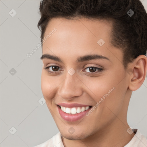 Joyful white young-adult female with short  brown hair and brown eyes