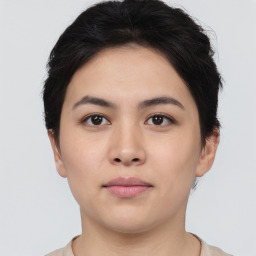 Neutral asian young-adult female with short  black hair and brown eyes