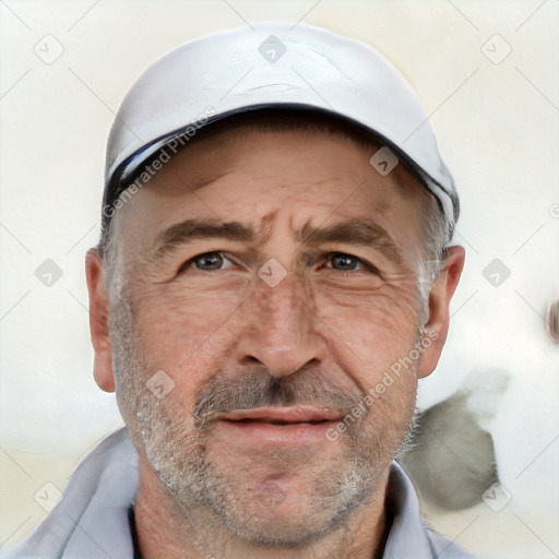 Joyful white middle-aged male with short  gray hair and brown eyes