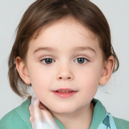 Neutral white child female with medium  brown hair and blue eyes