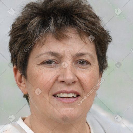 Joyful white adult female with short  brown hair and brown eyes