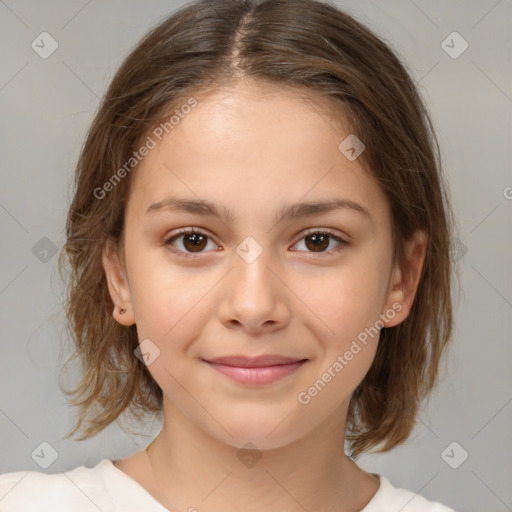 Joyful white child female with medium  brown hair and brown eyes