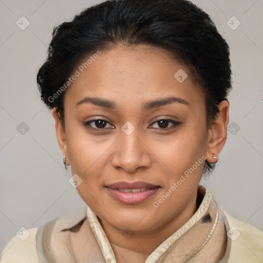Joyful latino young-adult female with short  brown hair and brown eyes
