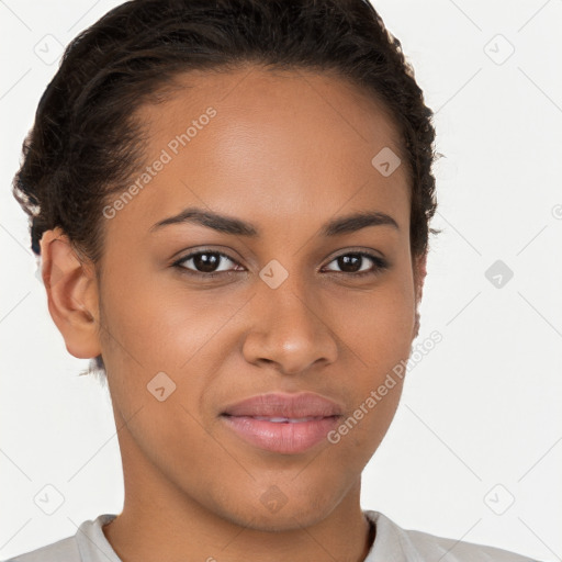 Joyful latino young-adult female with short  brown hair and brown eyes