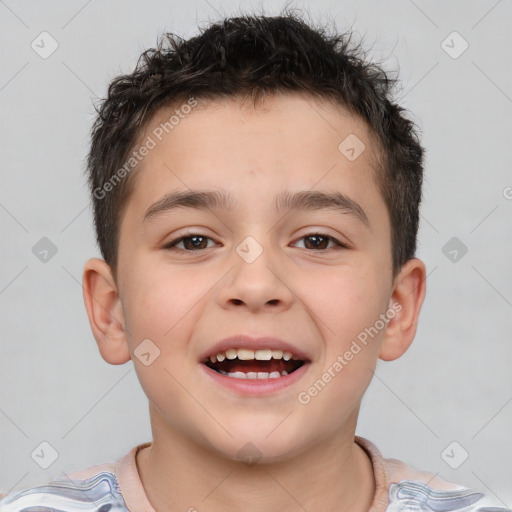 Joyful white child male with short  brown hair and brown eyes