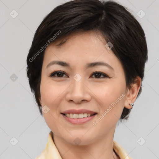 Joyful white young-adult female with medium  brown hair and brown eyes