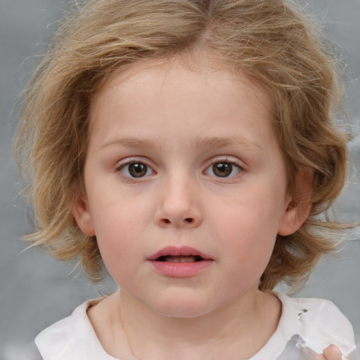 Neutral white child female with medium  brown hair and blue eyes