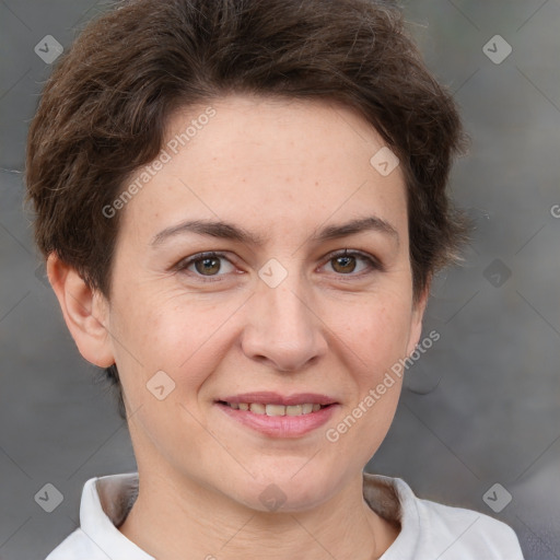 Joyful white adult female with short  brown hair and brown eyes