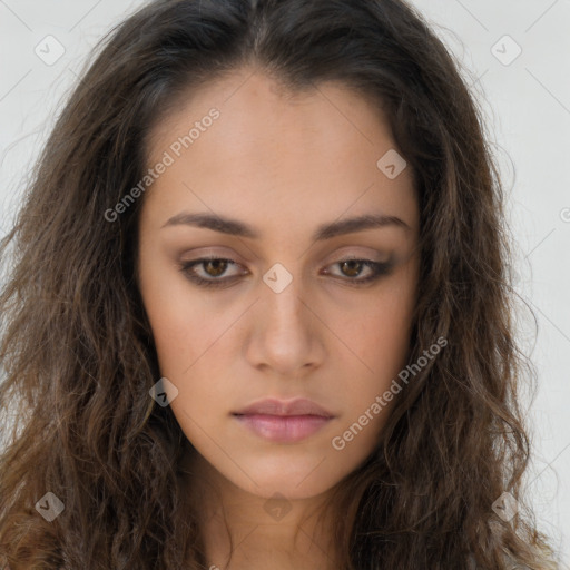 Neutral white young-adult female with long  brown hair and brown eyes