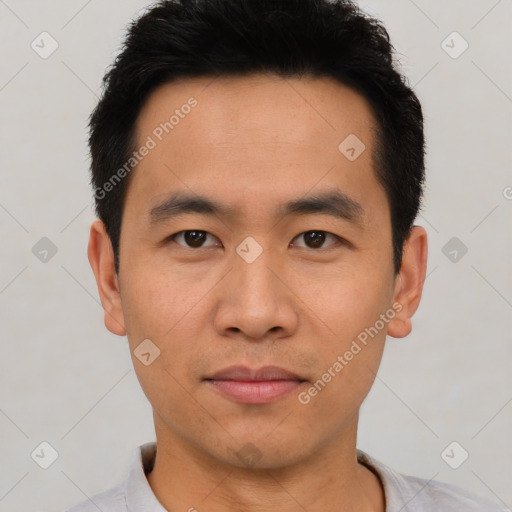 Neutral asian young-adult male with short  black hair and brown eyes