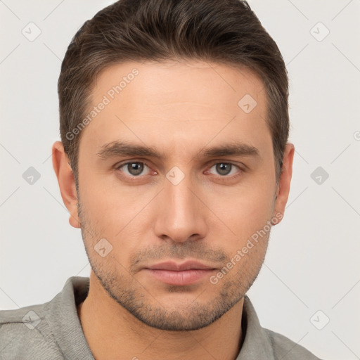 Neutral white young-adult male with short  brown hair and brown eyes