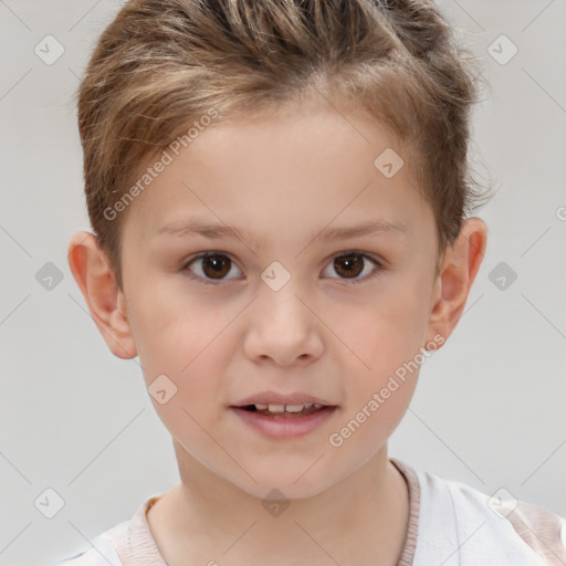 Joyful white child male with short  brown hair and brown eyes